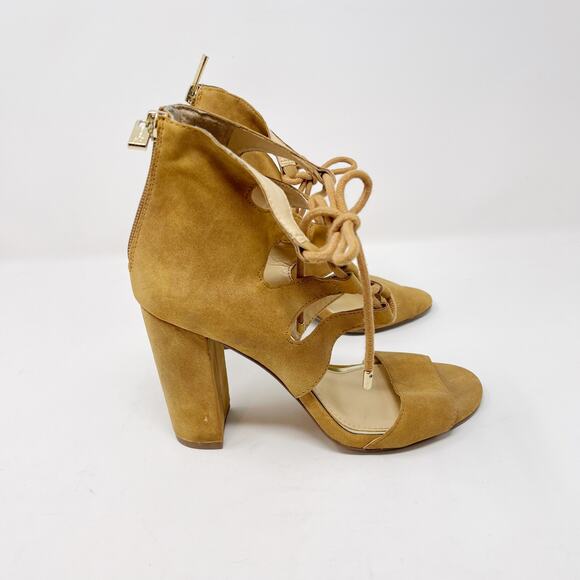 Jessica Simpson 6 Tan Loreez Lace Up Chunky Block Heels Open Toe Faux Suede - Picture 3 of 12